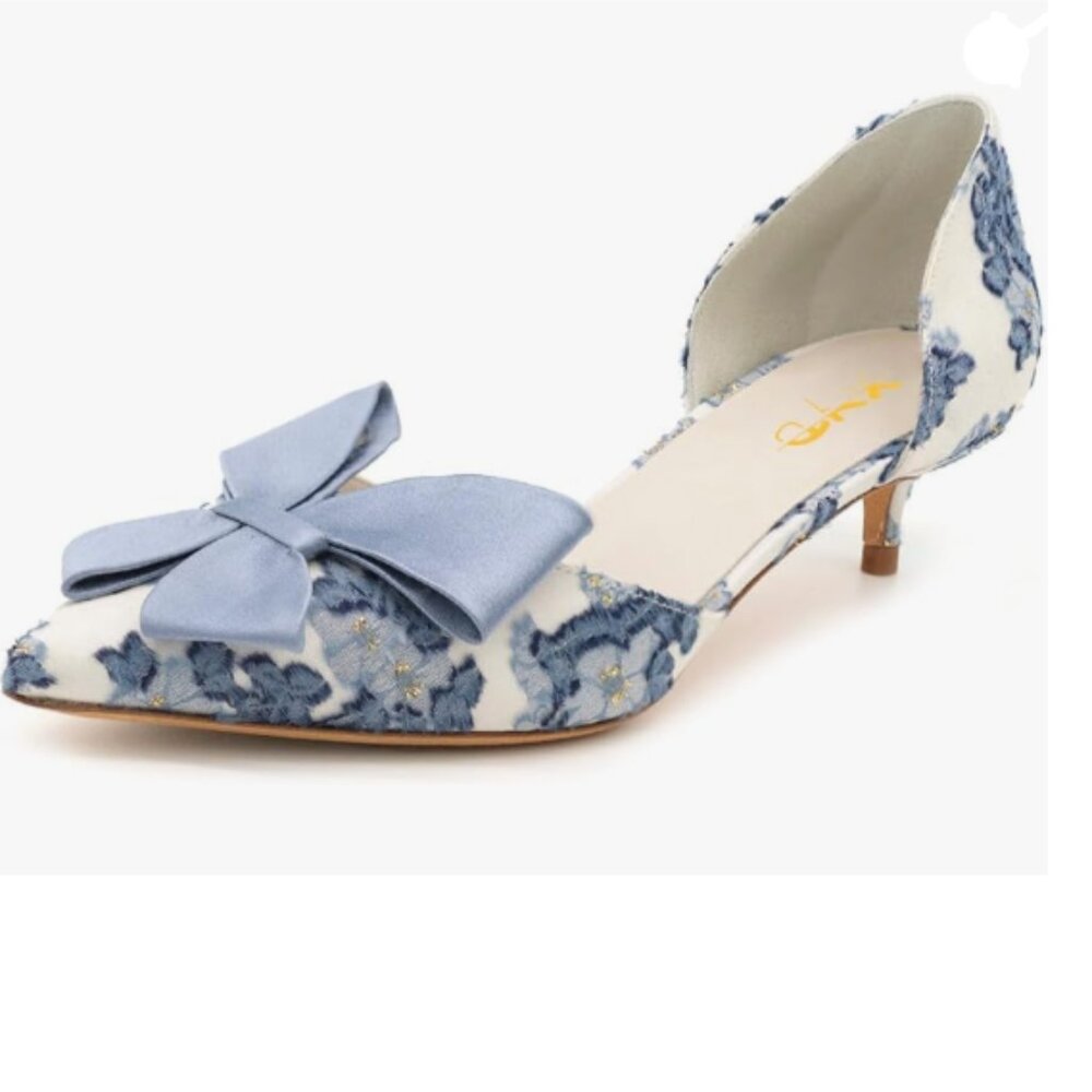 XYD Blue and White Kitten Heel Sandals with Bow